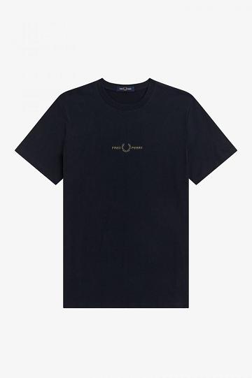 Navy Fred Perry Embroidered Men's T Shirts | PH 1653QMAZ